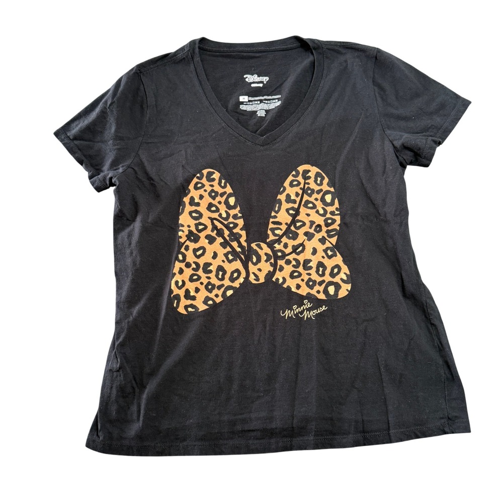 Disney Minnie Mouse Black V-Neck T-Shirt Leopard Print Bow Womens Size Medium
